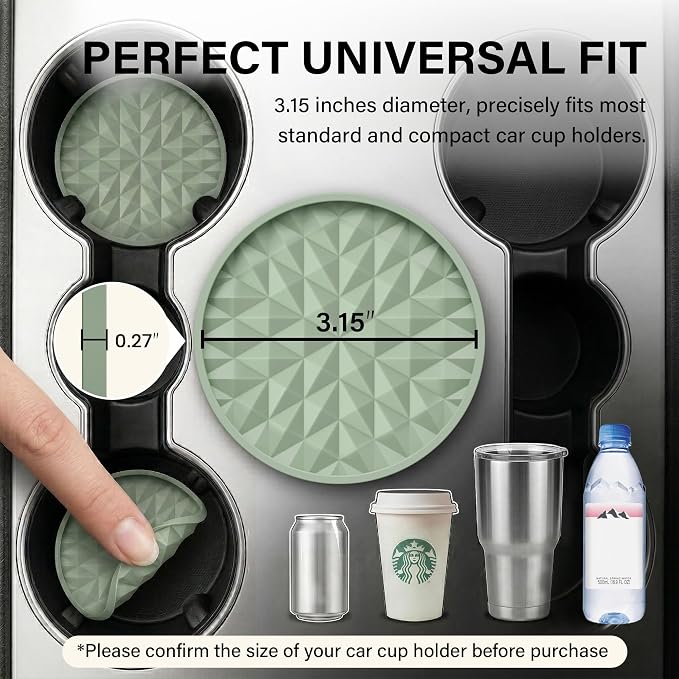 Car Coasters for Cup Holders [4 Pack] 3.15in Non-Slip Silicone Mats, Sage Green