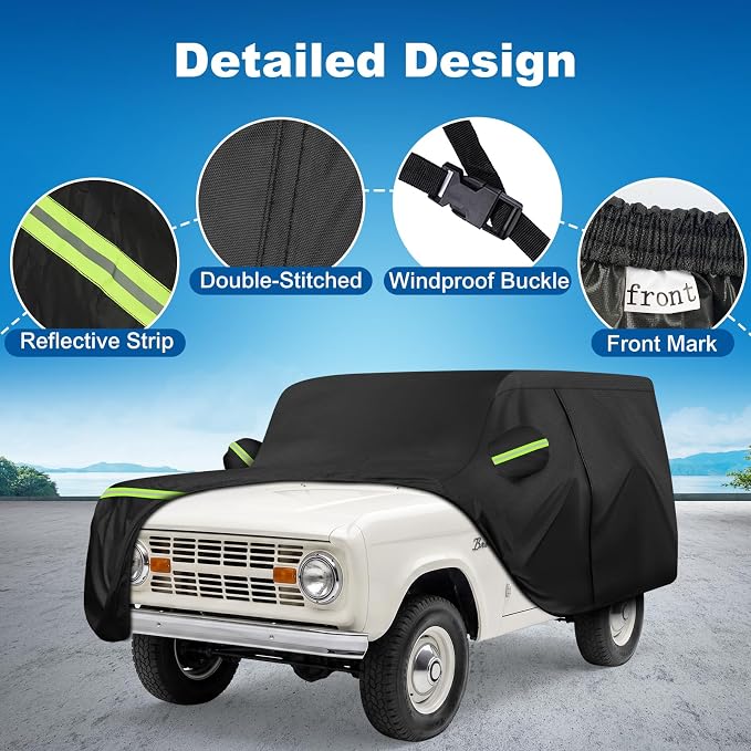 QUNSUNUS Car Cover for Ford Bronco 1965-1977 Waterproof with Cotton, Zipper | Heavy 420D Oxford Outdoor All-Weather Bronco Car Covers, with Elastic Hem and Double-stitched, for Dust, Sun, Wind Protection