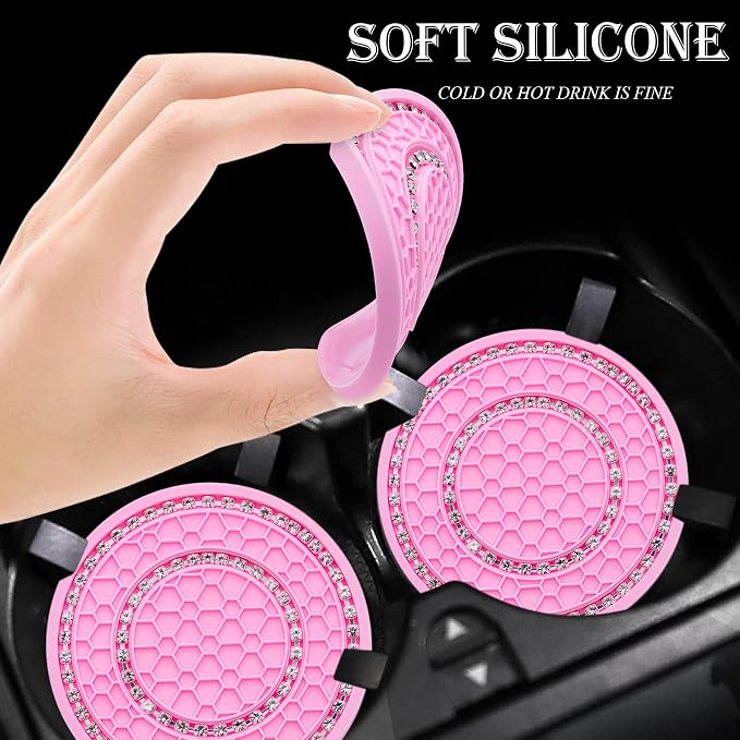 4PCS Bling Crystal Rhinestone Cup Holder Coaster, 2.75 inch Soft Silicone Anti-Slip Shockproof, Car Cup Holder Insert Coasters, Universal Car Interior Accessories for Women (Pink & White)