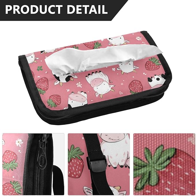 Cows Strawberry Flower Car Tissue Holder Durable Napkin Holder Hanging Tissue Holders Case Car Tissues Bag for Sun Visor Seat Back Universal Auto