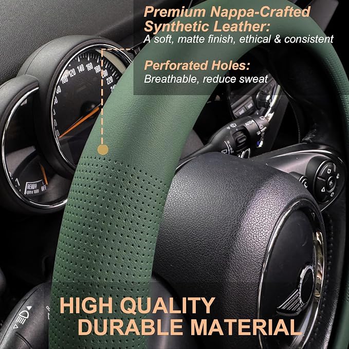 PINCTROT Nappa Leather Steering Wheel Cover, Slim Fit No Bulk Design, One Piece Leather with Breathable Perforation, Fit Like Gloves, Universal 14.5-15 Inch(Nappa Green)