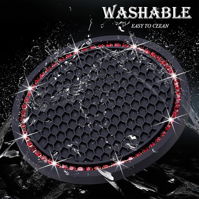 2PCS Bling Cup Holder Coaster, 2.75 Inch Auto Car Cup Holder Insert Coasters, Soft Silicone Anti-Slip Shockproof, Universal Vehicle Interior Accessories for Women Girls (Black & Red)