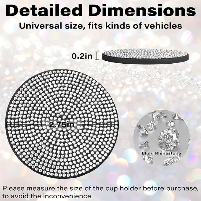 BFXM 2 PCS Bling Cup Holder Coaster, Car Accessories for Women 2.75 inch Diamond Universal Non-Slip Silicone Cup Holder Coasters, Sparkly Bling (White)