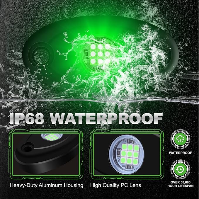 12 Pods Green LED Rock Lights Neon Underglow Light for Car Truck ATV SUV | Under Body Glow Light Trail Fender Lighting