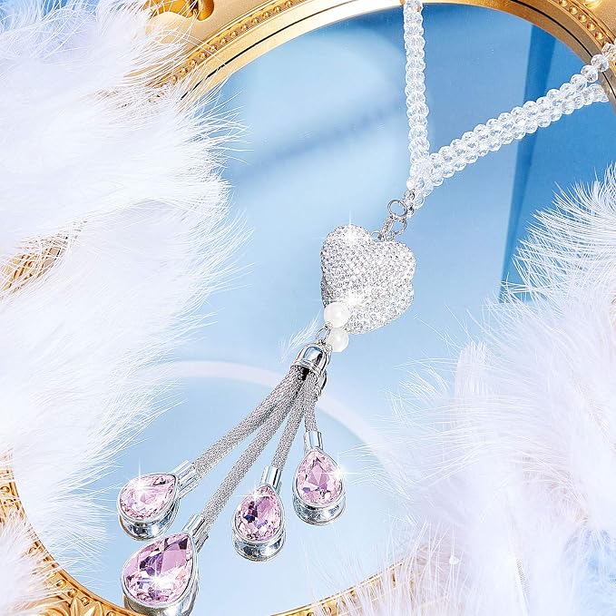 Frienda Bling Car Rear View Mirror Accessories for Women Gift Cute Heart Crystal Hanging Charm Diamond Decoration Lucky Interior Ornament Pendant(9.8 Inch,Pink)