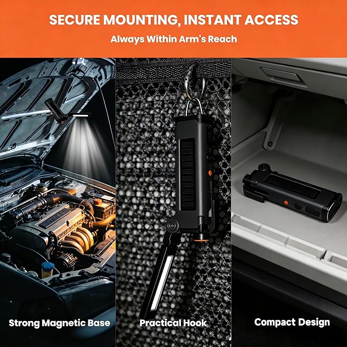 8-in-1 Car Emergency Escape Tool with Spring-Loaded Window Breaker | Seat Belt Cutter, Magnetic Work Light, Emergency Flashlight & Power Bank for Roadside Emergencies, Camping & Daily Driving