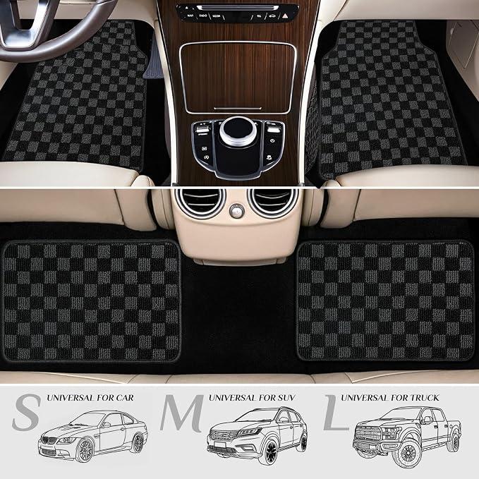 Car Floor Mosaic Mat All Weather Carpet Vehicle Floor Mats 4 Piece Premium Quality Carpeted Floor Liners Vinyl Heel Pad for Protection - Driver Seat, Passenger Seat and Rear Interior (Black Gray)