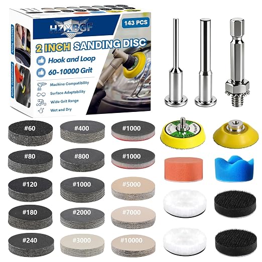 143 PCS 2 Inch 60-10000 Grit Headlight Restoration Kit, Wet Dry Hook and Loop Sanding Discs, Drill Polishing Kit Equipped with Sandpaper Pads and Rotary Tools for Wood, Metal, Glass and Small Jobs