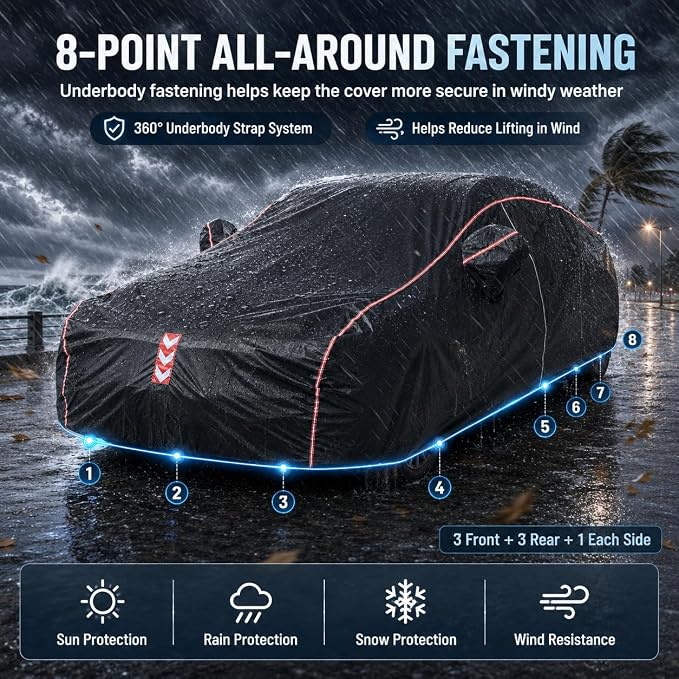 Car Cover Waterproof All Weather, 8-Point Fastening for Sedans up to 177 in | 8-Point Fastening, 120s Quick Setup, 600D Oxford Fabric, All-Weather Protection