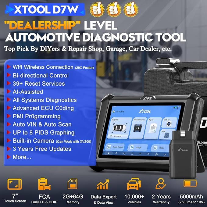 XTOOL D7W OBD2 Scanner Diagnostic Tool Wireless Bidirectional Scan Tool | Full System 39+ Resets AI-Assisted Car Scanner Upgrade of D7/D7S/D7BT ECU Coding PMI, 3-Yr Update, 4000+ Active Test, FCA SGW