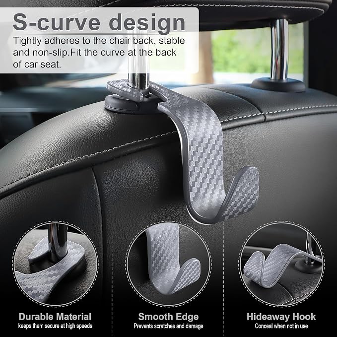LivTee Car Purse Hook, 4 Pack Universal Auto Seat Headrest Hook Hangers Organizer for Coats, Umbrellas, Groceries - Carbon Fiber Gray