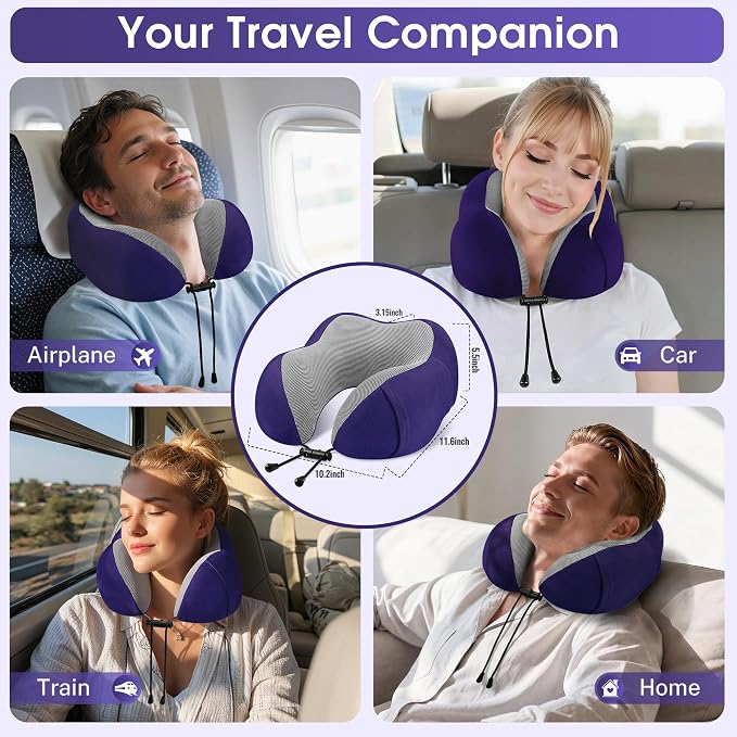 CloudBliss Travel Pillows for Airplane, 2 Pack Memory Foam Neck Pillows for Travel, Compact Neck Pillow for Long Flight, Car & Office, Plane Accessories with Eye Mask, Earplugs, Carry Bag, Black &Navy