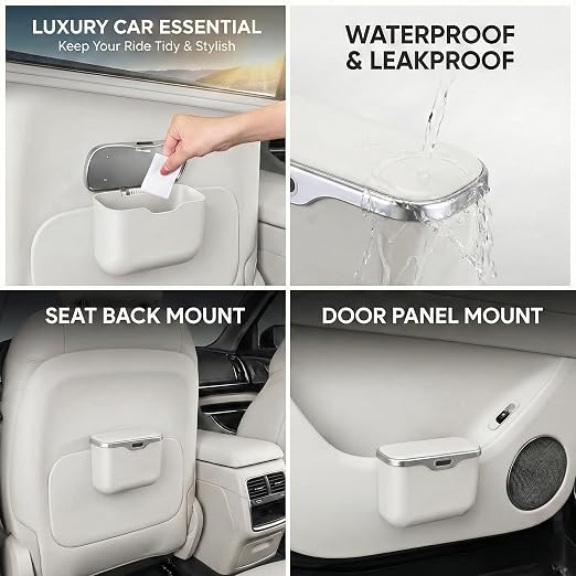 Hanging Car Trash Can, Leakproof Garbage Bin with Lid, White | ABS Construction, Clip-On Door/Back Seat Pocket Mount, Waterproof Liner, Push-Top Opening, For Suvs, Trucks, Sedans, Vans