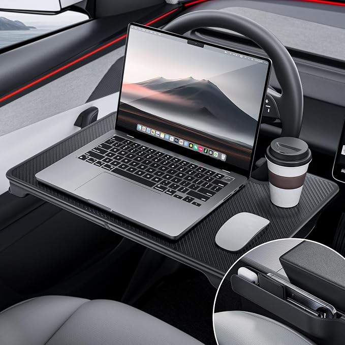 YONZEE 2-in-1 Car Steering Wheel Desk Tray & Car Seat Gap Filler Organizer – Foldable Carbon Fiber Look Table for Laptop, Eating Food, Writing – for Standard Round Steering Wheels