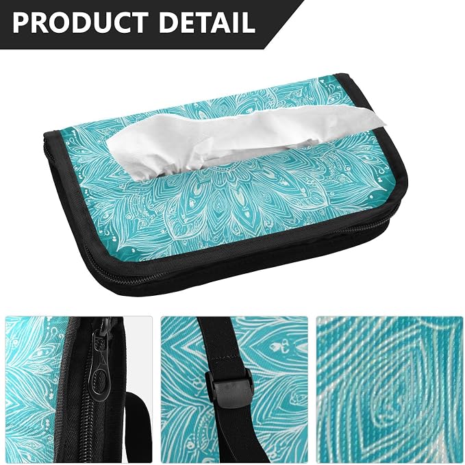Car Tissue Holder Car Napkin Holder Tissue Box Dispenser Storage Case Sun Visor Mask Holder Accessories with Adjustable Straps Reusable Refillable Vintage Turquoise Mandala