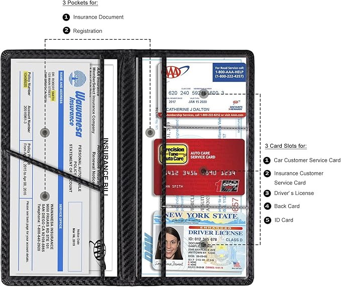 TOURSUIT Car Registration & Insurance Card Holder, Carbon Fiber Black | Vehicle License Document Organizer, Glove Box Compartment, Interior Car Accessories, For Women Men