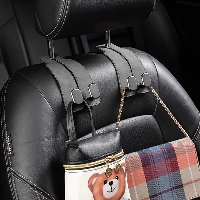 Amelity Car Headrest Hooks, Purse Hook for Car 2 Pack Gray | Universal Car Interior Accessories for Women, Available in 2/4 Pack, Storage Hanger Holds Purses, Backpacks, Grocery Bags