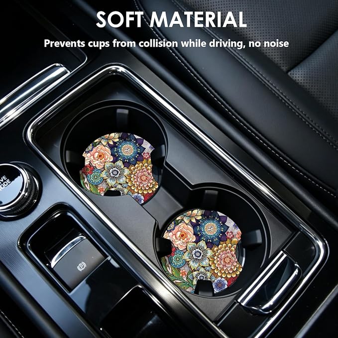 2 Pack Car Coasters，2.75-inch Neoprene Non-Slip Cup Holder Coasters for Car，Cute Car Interior Accessories for Men and Women，Mandala