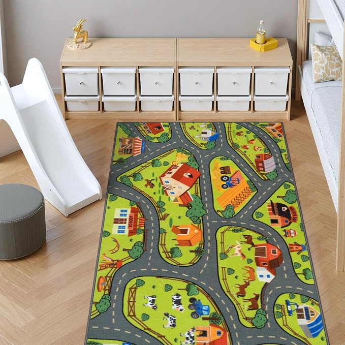 STARUIA Washable Kids Carpet Playmat Rug for Boys Room, 79"x39" Large Car Rug for Kids Toy Cars, Fun Learning Farm Road Rugs for Kids Room Bedroom Playroom