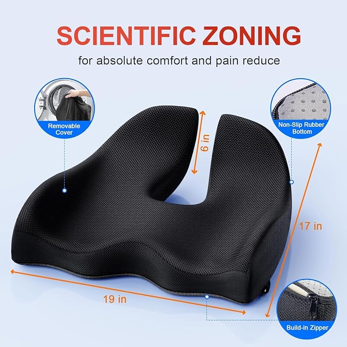 Benazcap XL Ergonomic Seat Cushion Relieves Sciatica & Tailbone Pain | Memory Foam cushion, washable cover & anti-slip base, long-sitting pad for office, gaming and car seats Black