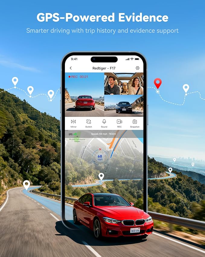 REDTIGER F17 4K 3CH Dash Cam, STARVIS 2 IMX675 HDR, 64GB Card, 5.8GHz WiFi | 2160P+1080P*2 Front Inside and Rear, 4 IR Night Vision, G-Sensor, GPS Tracking, Exclusive App, WDR Car Camera, Parking Mode