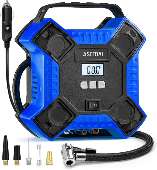 AstroAI 160PSI Tire Inflator Portable Air Compressor 12V DC Metal Cylinder | Auto Shut-Off 10Ft Cord LED Light Fast Inflation Air Pump for Car Tires, Bicycles, Motorcycles and Other Inflatables(Blue)