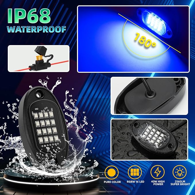 12 Pods RGB LED Rock Lights for Trucks Pickup Offroad Golf Cart SUV UTV, 6500K Super Bright, IP68 Waterproof, Segmented Color Change APP Control Underglow Kit with Power Swith Extension Wires, 12V