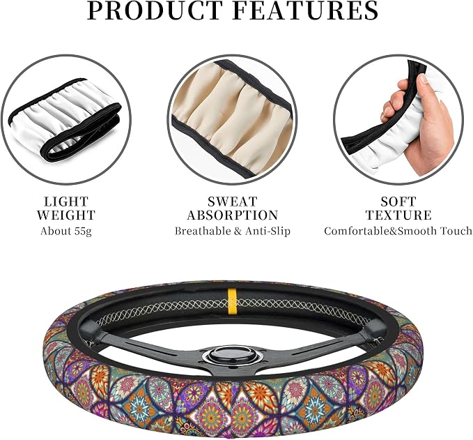 Floral Mandala Steering Wheel Cover for Women Girls, Universal 15 Inch Anti Slip Steering Wheel Protector Car Accessories Interior for Auto Truck SUV