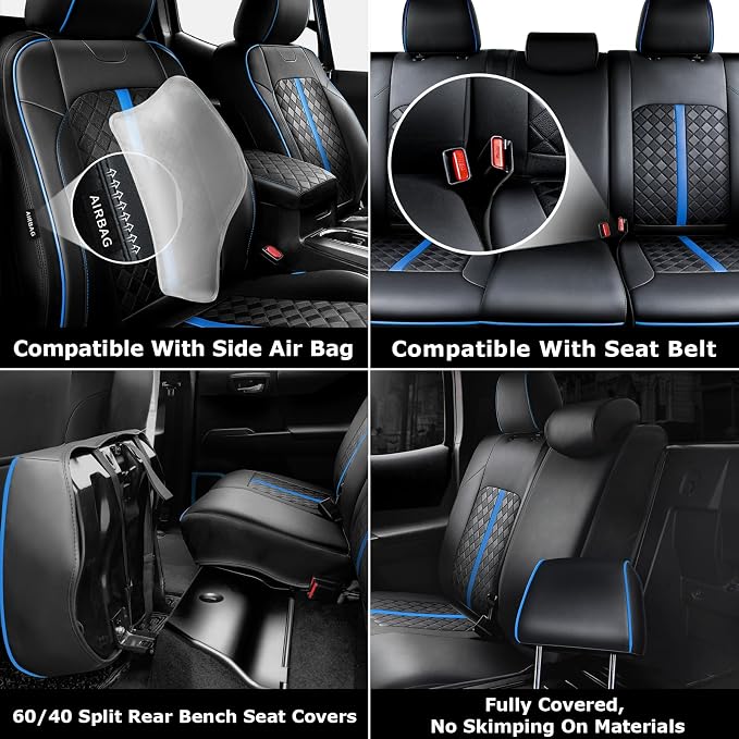Carlimeki Leather Seat Covers Custom Fit for Tacoma Gen 3rd (2016-2023) | For Double & Crew Cab only - Fits SR, SR5, Limited, TRD Pro, TRD Sport, TRD Off-Road, Trail Special Edition - Fully Covered
