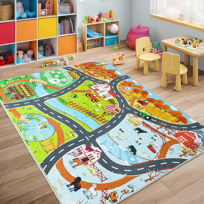 Kids Educational Rug, Town Country Barn Track Road Carpet Playmat with Non-Slip Backing, Play Mat for Roads Washable Rugs Four Seasons Theme Farm Scene Mat for Kids Room Bedroom Game Safe Area, 3'x4'