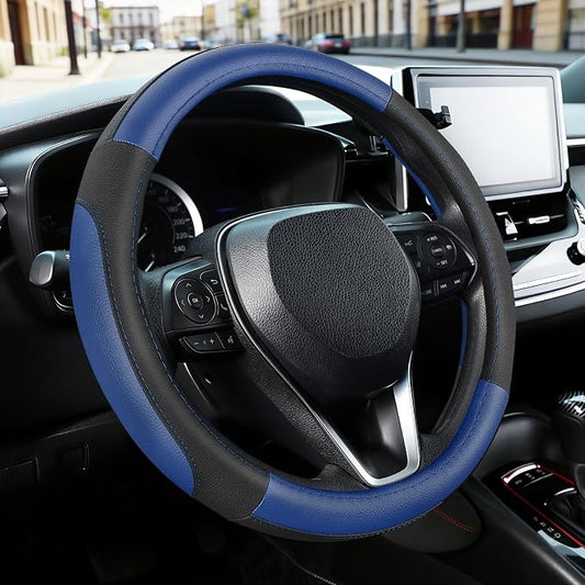 SEG Direct Car Steering Wheel Cover for Prius Civic Model 3 Model Y Camaro, Small Size 14-14.25 inch, Black and Blue Microfiber Leather