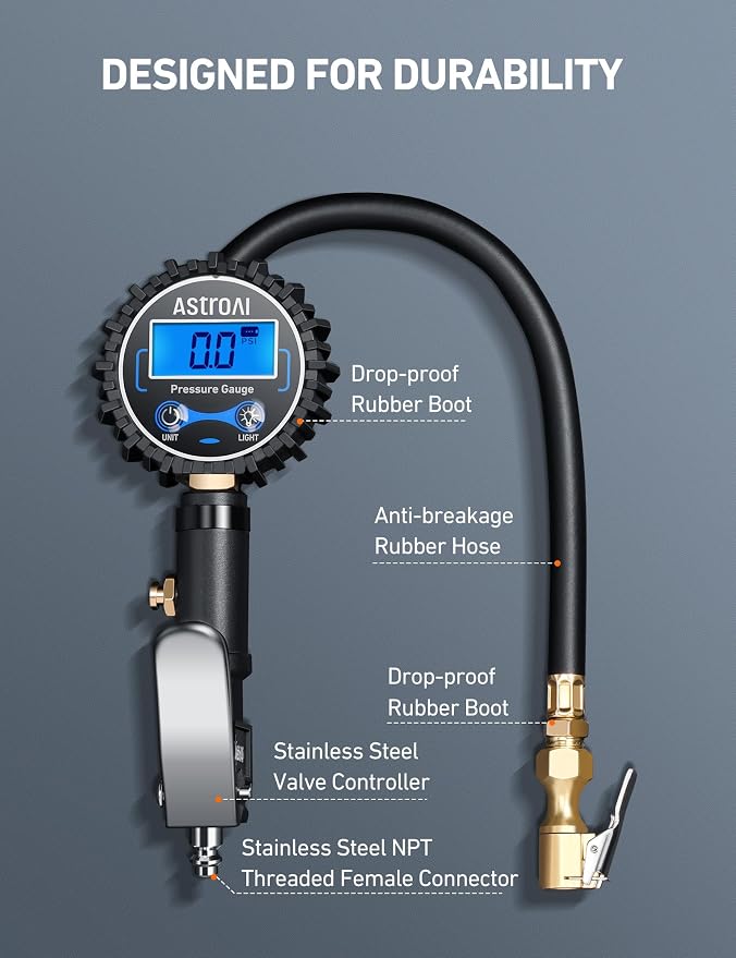 AstroAI Digital Tire Pressure Gauge with Inflator, 3-250 PSI-Inflate, Deflate & Read with ±1% Precision, Backlit LCD for Day or Night, Heavy-Duty Air Chuck, for Cars, Motorcycles, & More, with Case