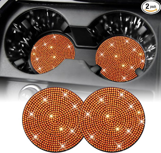 SINGARO Bling Cup Holder Coasters for Car, 2PCS Universal Non-Slip Cup Holder, Embedded Decorative Coasters, Shiny Crystal Car Interior Accessories Gifts for Women (Orange)