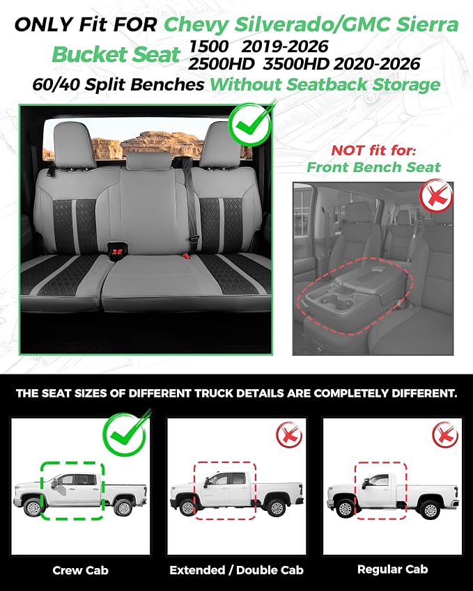 Custom Leather Seat Covers for 2019-2026 Sierra/Silverado 1500 | Only Crew Cab, Fits 2500/3500HD 2020-2026, no Rear Armrest/Seatback Storage, Waterproof, Scratch-resistant, Easy-clean