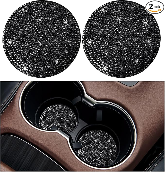Ziciner 2PCS Bling Car Cup Holder Coaster, 2.73 Inch Anti-Slip Cup Insert Coasters, Crystal Rhinestone Auto Drink Cup Mat, Universal Interior Decor Car Accessories for Women Girls (Black)