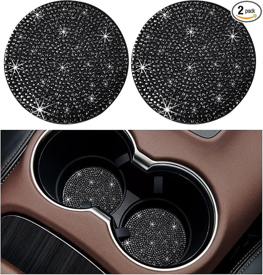 Ziciner 2PCS Bling Car Cup Holder Coaster, 2.73 Inch Anti-Slip Cup Insert Coasters, Crystal Rhinestone Auto Drink Cup Mat, Universal Interior Decor Car Accessories for Women Girls (Black)