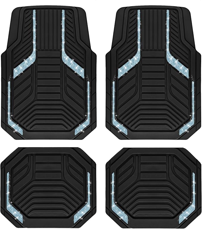 PIC AUTO Car Floor Mats, Light Blue Sparkly Crystal Bling Glitter Car Mats Set, Front and Rear Heavy Duty Rubber Car Mats with Anti-Slip Backing, All Weather, Trim-to-Fit for SUVs, Trucks, Sedan, Vans