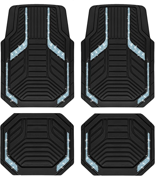 PIC AUTO Car Floor Mats, Light Blue Sparkly Crystal Bling Glitter Car Mats Set, Front and Rear Heavy Duty Rubber Car Mats with Anti-Slip Backing, All Weather, Trim-to-Fit for SUVs, Trucks, Sedan, Vans