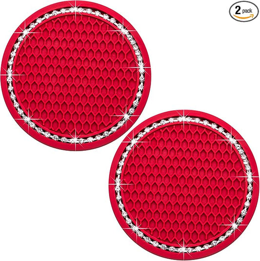 2PCS Bling Cup Holder Coaster, 2.75 Inch Auto Car Cup Holder Insert Coasters, Soft Silicone Anti-Slip Shockproof, Universal Vehicle Interior Accessories for Women Girls (Red & White)