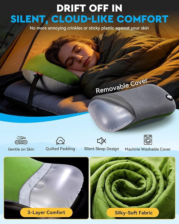 Hikenture Camping Pillow with Removable Cover, Ultralight Inflatable Pillow | Ergonomic Neck Lumber Support, Upgrade Leakproof Backpacking Pillow, Portable Packable for Hiking, Beach, Travel