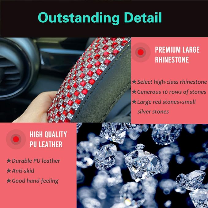 PINCTROT Bling Bling Comfy Steering Wheel Cover with Jumbo Crystal Rhinestones, Anti-Slip Diamond Leather, Universal 15 Inch (Red)