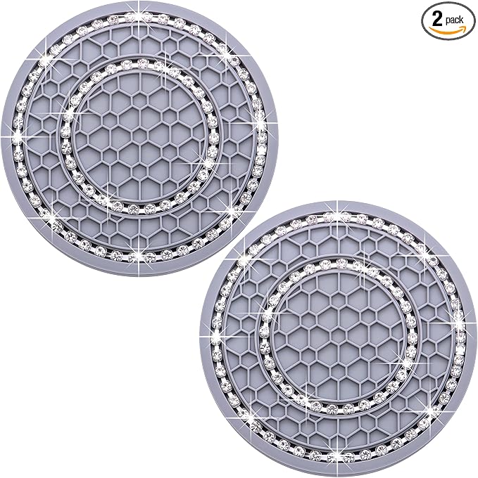 2PCS Bling Crystal Rhinestone Cup Holder Coaster, 2.75 inch Soft Silicone Anti-Slip Shockproof, Car Cup Holder Insert Coasters, Universal Car Interior Accessories for Women (Gray & White)