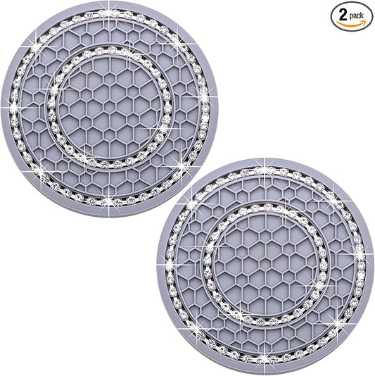 2PCS Bling Crystal Rhinestone Cup Holder Coaster, 2.75 inch Soft Silicone Anti-Slip Shockproof, Car Cup Holder Insert Coasters, Universal Car Interior Accessories for Women (Gray & White)