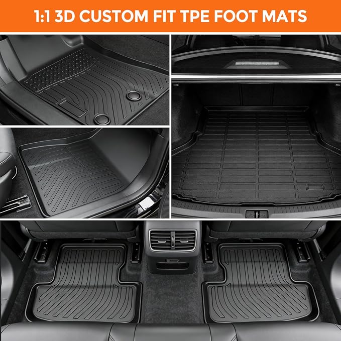 Floor Mats for Ford Mustang 2015-2025 | (Not for Mach-E, Not for Cargo with Subwoofer), TPE Waterproof Non-Slip Black Car Liners (Two-Row Floor Mats & Cargo Liner)