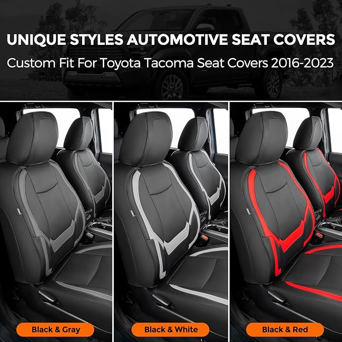 DrCarNow Super Cover for Toyota Tacoma Seat Covers 2016-2019 2020 2021 2022 2023,Fit for Tacoma Crew Cab/Double Cab (Black and Gray) Waterproof Leather Accessories(Not Fit the Fourth Generation)