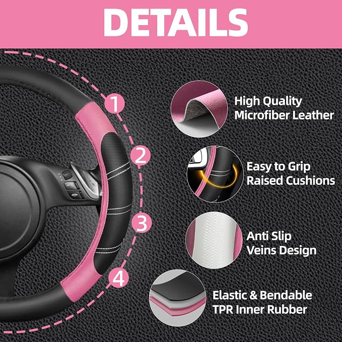 NBTEPEM 6 Pcs Pink Car Accessories Set, Sport Leather Steering Wheel Cover 14.5-15inch Universal, Microfiber Leather Car Center Console Cover, Seat Belt Cushion, Cup Holder Coaster (Black-Pink)