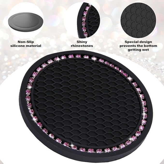 BFXM 2 PCS Bling Cup Holder Coasters for Car, Car Accessories for Women 2.75 inch Diamond Universal Non-Slip Silicone Cup Holder Coasters, Sparkly Bling (Pink Diamond)