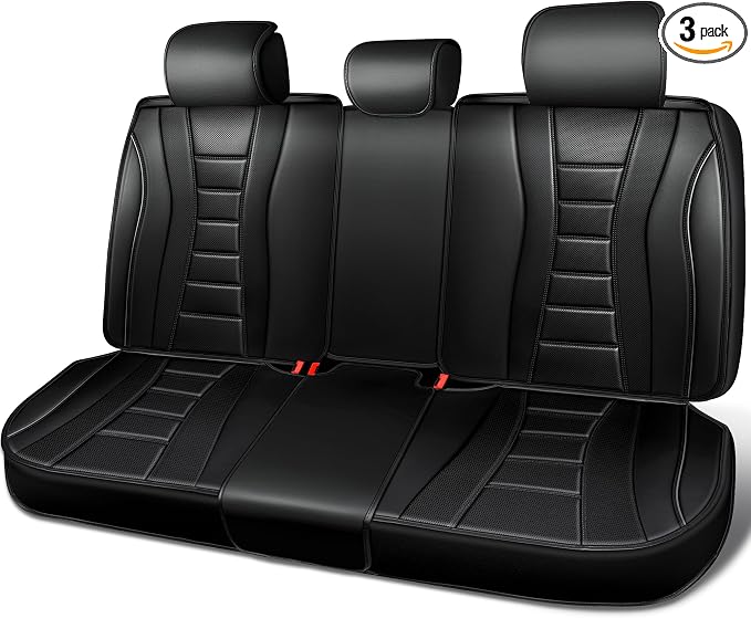 CAR PASS Nappa Leather Back Seat Covers, Universal FIT Piping Leather Rear Seat Cover for Cars,Sedan,SUV,Truck 3D Foam Waterproof Breathable Luxury Seat Covers, Comfort Durable Airbag Compatible Black
