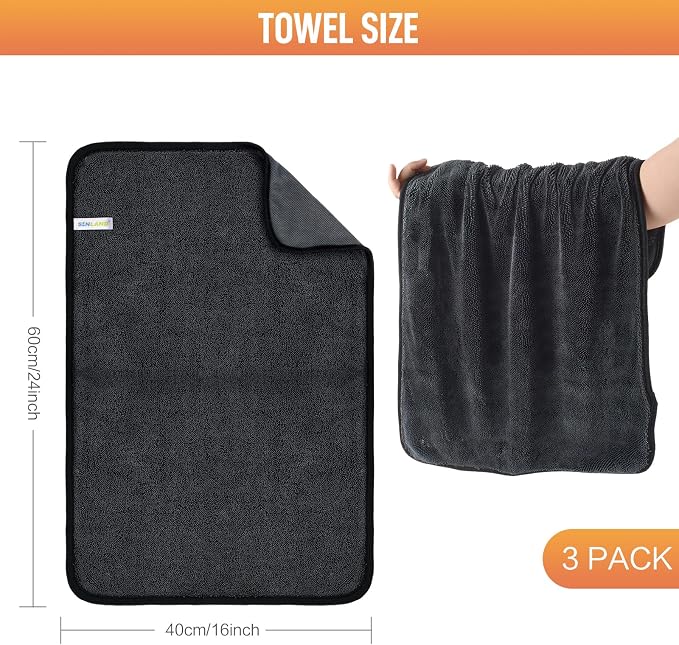 SINLAND Microfiber Car Drying Towels Detailing 16 x 24inch 3 Pack Dgrey | Ultra Absorbent, Soft, Car Wash Cleaning Cloth, Auto Detailing Towels, 380gsm