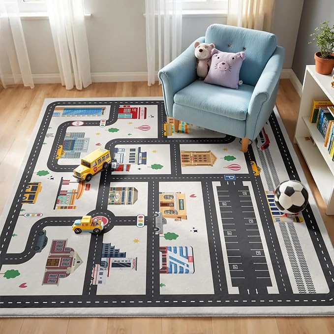 Nayoroom Kids Car Road Playroom Rug, Faux Wool City Map, Non-Slip, 5 x 7 ft | Interactive city road map; Car-friendly routes; Soft faux wool surface; Non-slip backing; Easy-care room accent